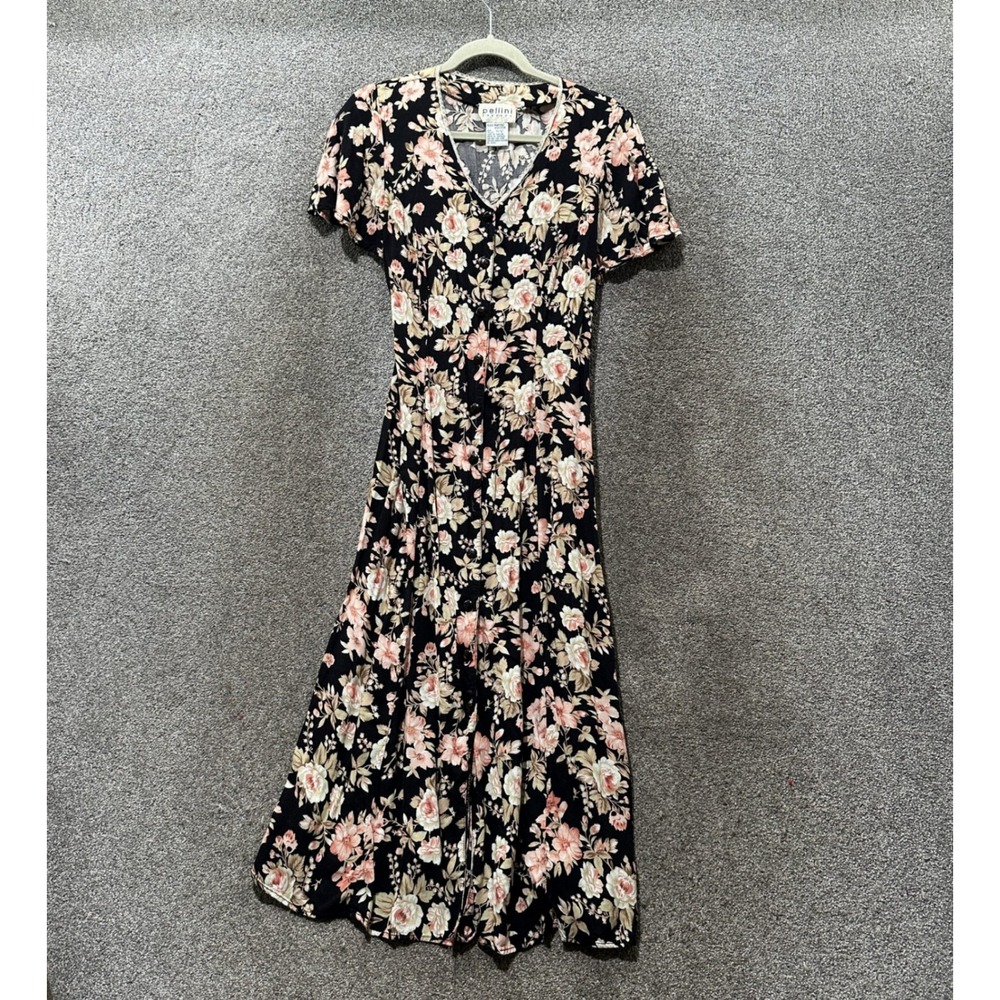 Pellini Vintage 90s Floral Maxi Dress Size 11/12 Dark Floral Rayon Romantic